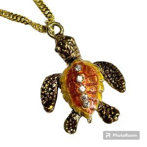 Sea Turtle Necklace Gold Plated Crystal Enamel Yellow 17" Nautical Island
